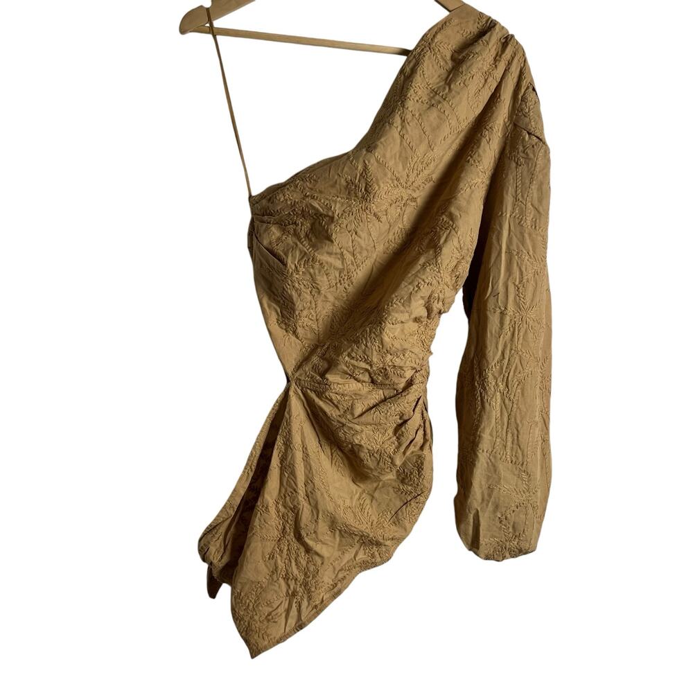 Maje Lalmeto One Sleeve Cut Out Ruched Tie Waist Tan Top Size Large - Picture 11 of 13